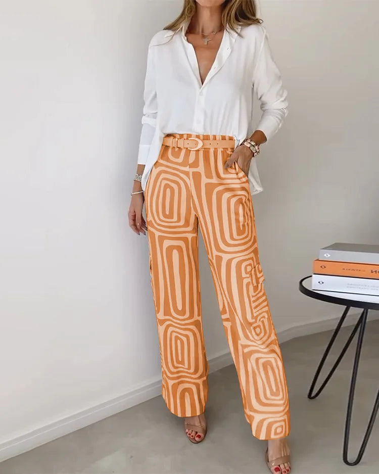 Set van 2-delige damesbroek en blouse - luxe katoen-linnen mix voor casual of chique gelegenheden