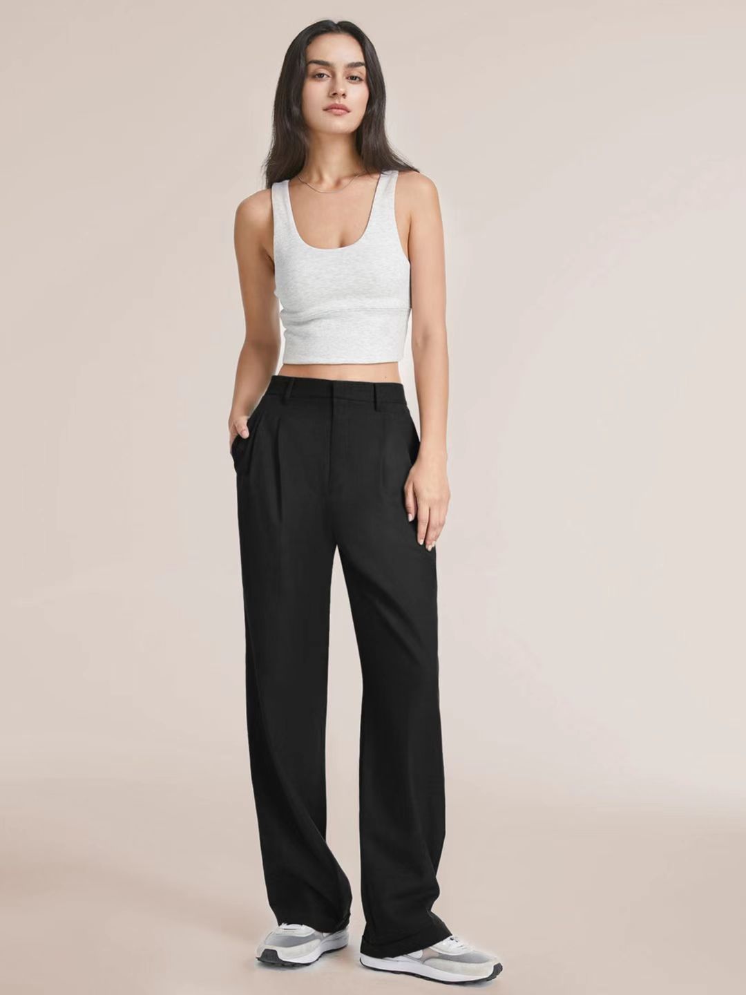 Pantelon met hoge taille - dames broek met wijde pijpen en zakken