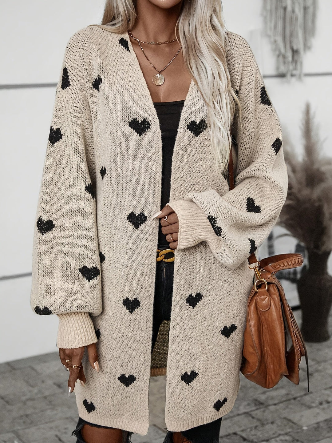 Dames Cardigan – Oversized Pasvorm – Wol Gebreid – Lange Mouwen – Open Voorzijde – Hartjespatroon