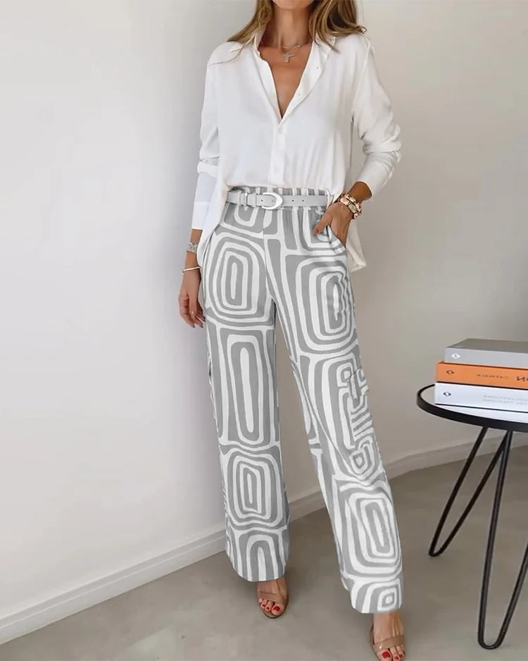 Set van 2-delige damesbroek en blouse - luxe katoen-linnen mix voor casual of chique gelegenheden