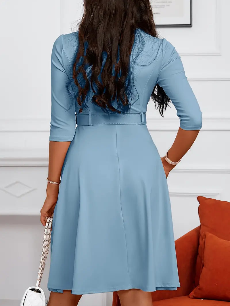 Dames A-lijn Jurk - Ronde Hals met Rits - 3/4 Mouwen - Tailleriem - Knie lengte - Met Zakken