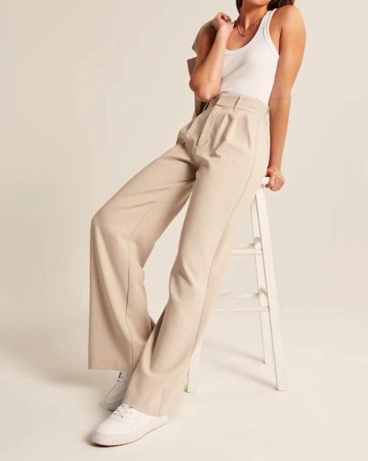 Pantelon met hoge taille - dames broek met wijde pijpen en zakken