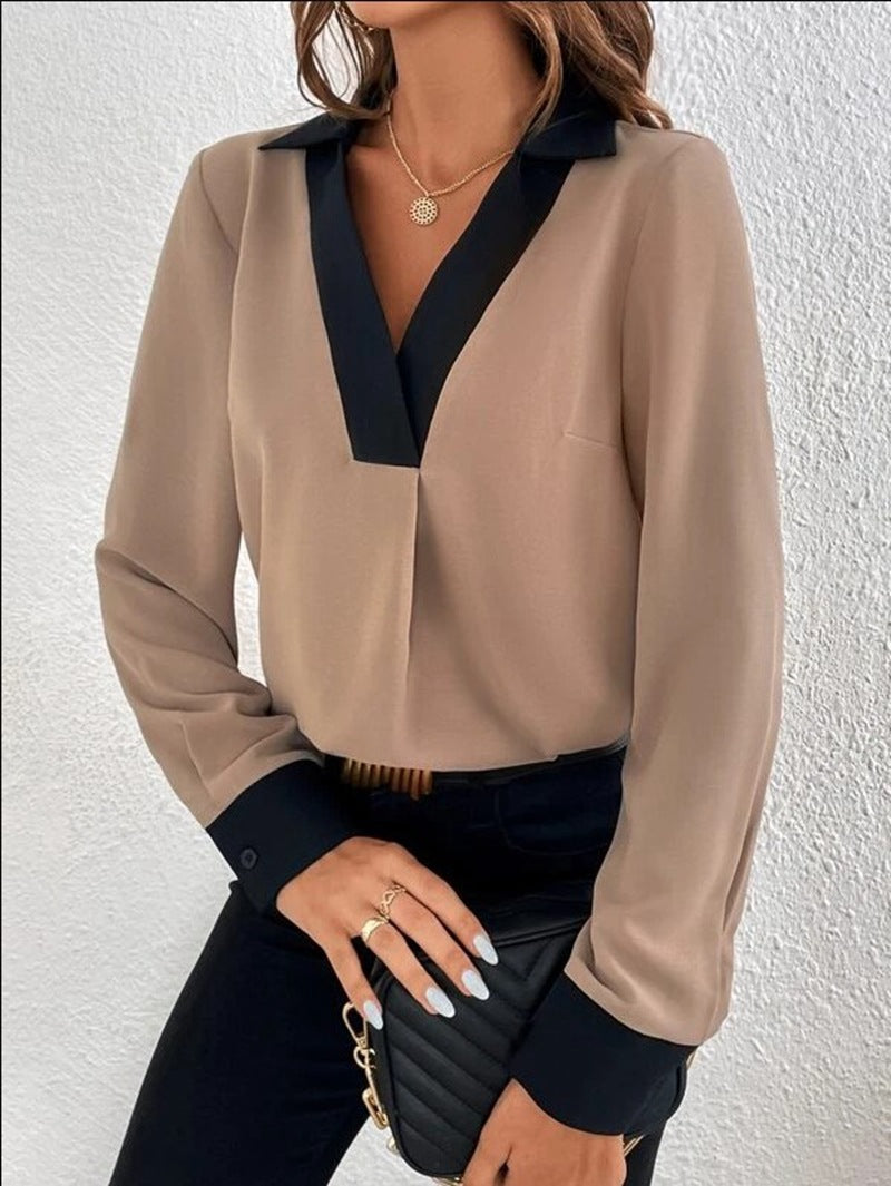 Damesblouse – V-hals met contrastbies – Relaxte pasvorm – Lange mouw – Ademend materiaal
