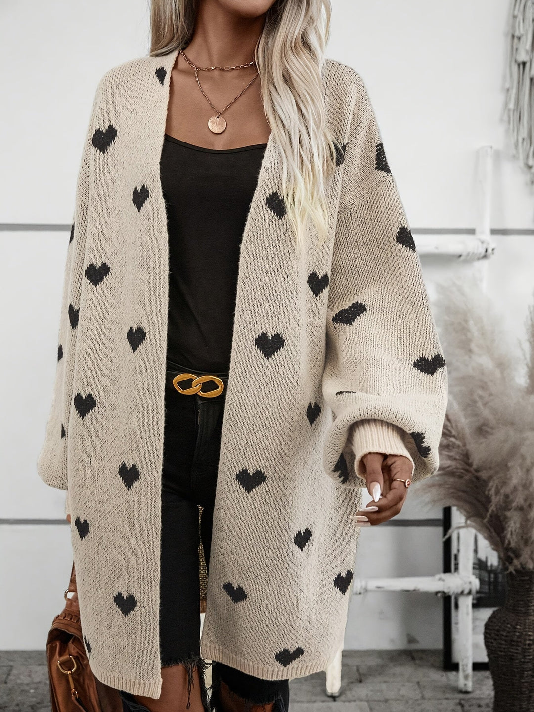 Dames Cardigan – Oversized Pasvorm – Wol Gebreid – Lange Mouwen – Open Voorzijde – Hartjespatroon