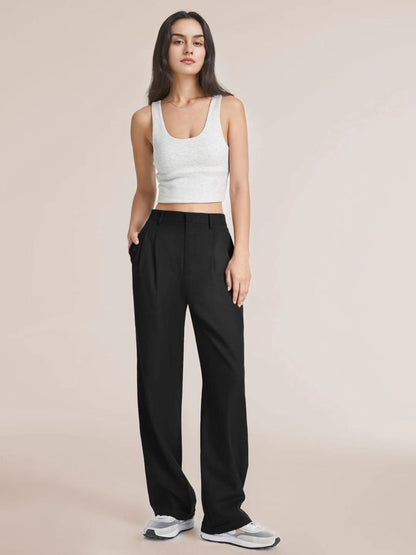 Pantelon met hoge taille - dames broek met wijde pijpen en zakken