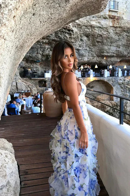 Dames Maxi Jurk – Slim Fit – Ruches Rok – Luchtige Bloemenprint – V-Hals Spaghettibandjes