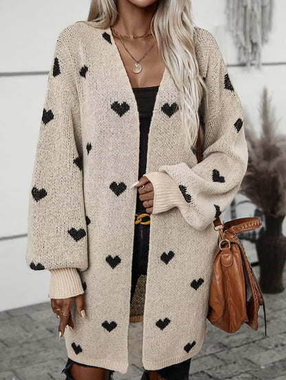 Dames Cardigan – Oversized Pasvorm – Wol Gebreid – Lange Mouwen – Open Voorzijde – Hartjespatroon