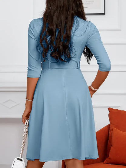 Dames A-lijn Jurk - Ronde Hals met Rits - 3/4 Mouwen - Tailleriem - Knie lengte - Met Zakken