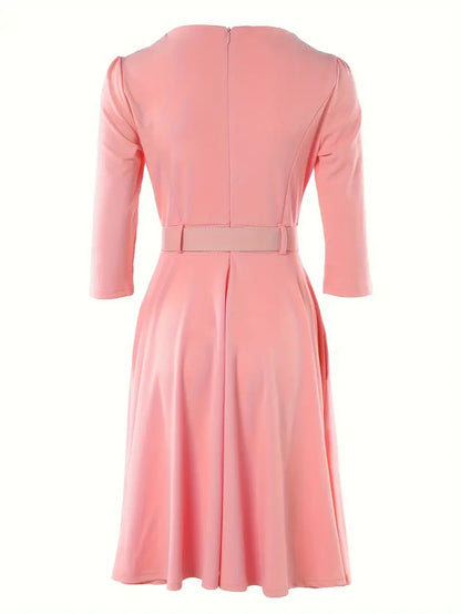 Dames A-lijn Jurk - Ronde Hals met Rits - 3/4 Mouwen - Tailleriem - Knie lengte - Met Zakken