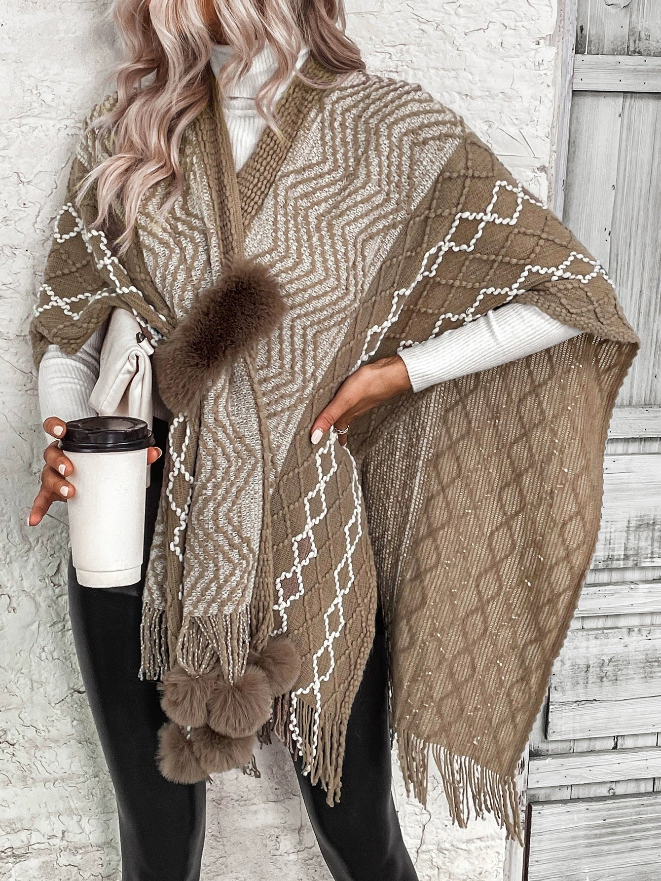 Dames Cape Shawl Vest – Oversized Pasvorm – Wol Gebreid – V-Hals – Boho Franjes