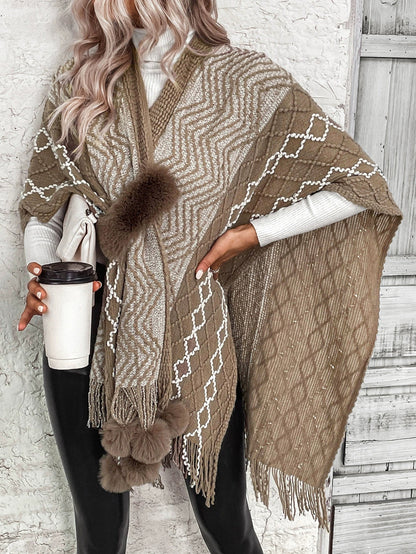 Dames Cape Shawl Vest – Oversized Pasvorm – Wol Gebreid – V-Hals – Boho Franjes