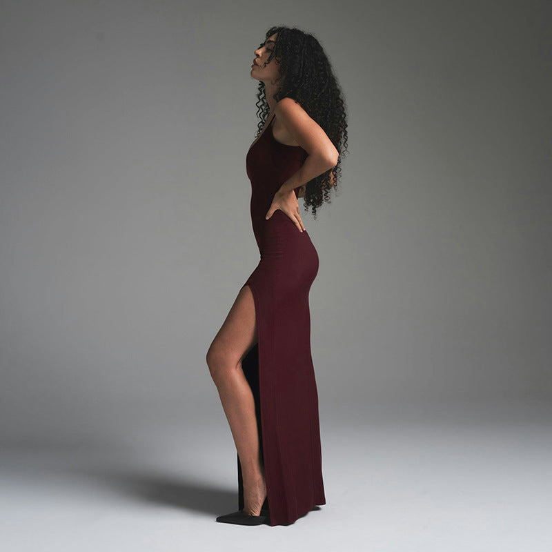 Dames Maxi Jurk – Slim Fit – Spaghettibandjes – Hoge Split – Open Rug – Elegante Look