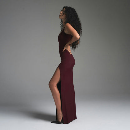 Dames Maxi Jurk – Slim Fit – Spaghettibandjes – Hoge Split – Open Rug – Elegante Look