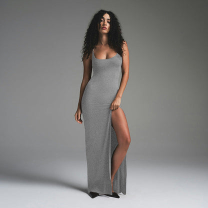 Dames Maxi Jurk – Slim Fit – Spaghettibandjes – Hoge Split – Open Rug – Elegante Look