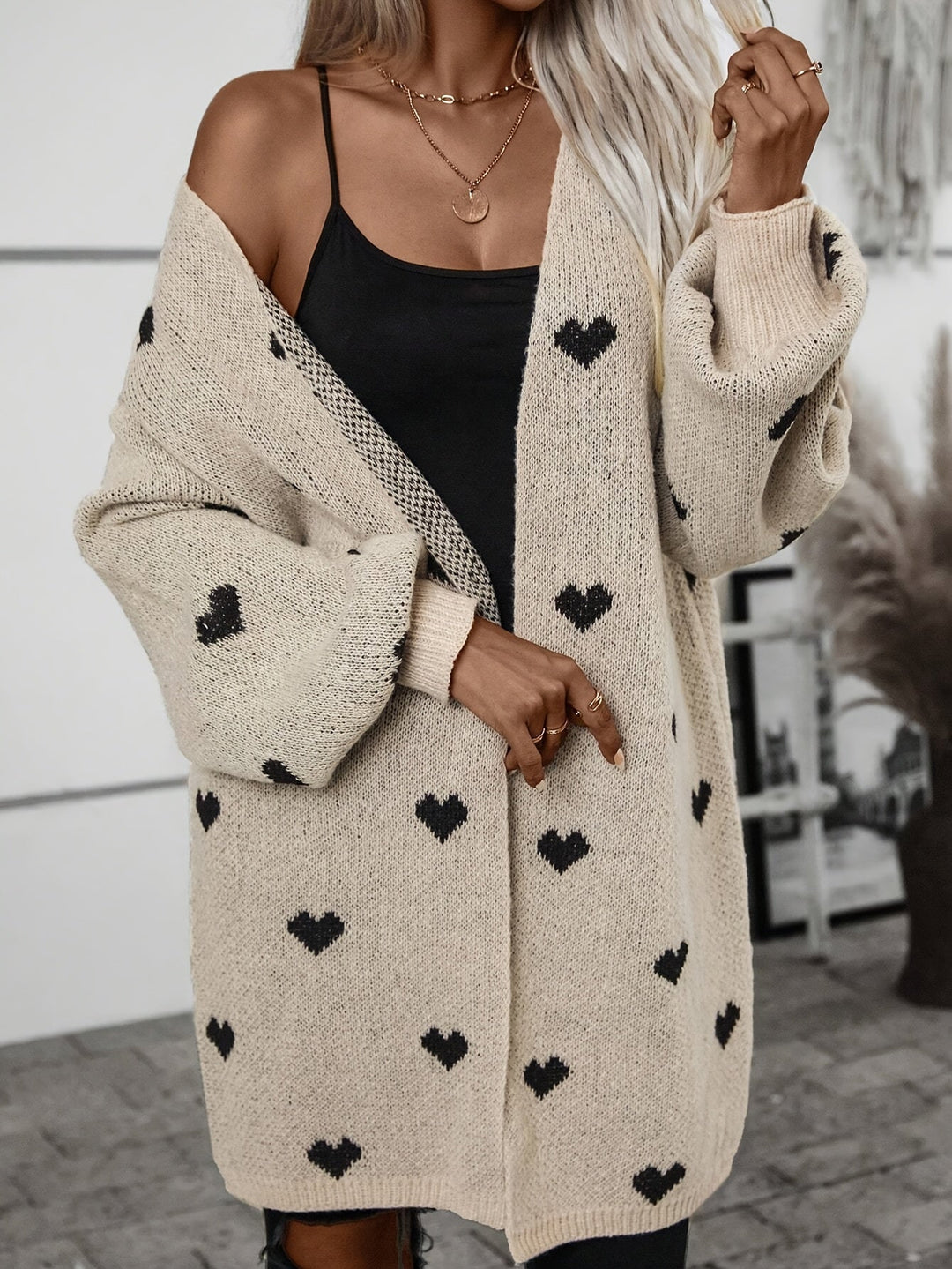 Dames Cardigan – Oversized Pasvorm – Wol Gebreid – Lange Mouwen – Open Voorzijde – Hartjespatroon