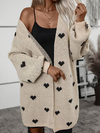 Dames Cardigan – Oversized Pasvorm – Wol Gebreid – Lange Mouwen – Open Voorzijde – Hartjespatroon