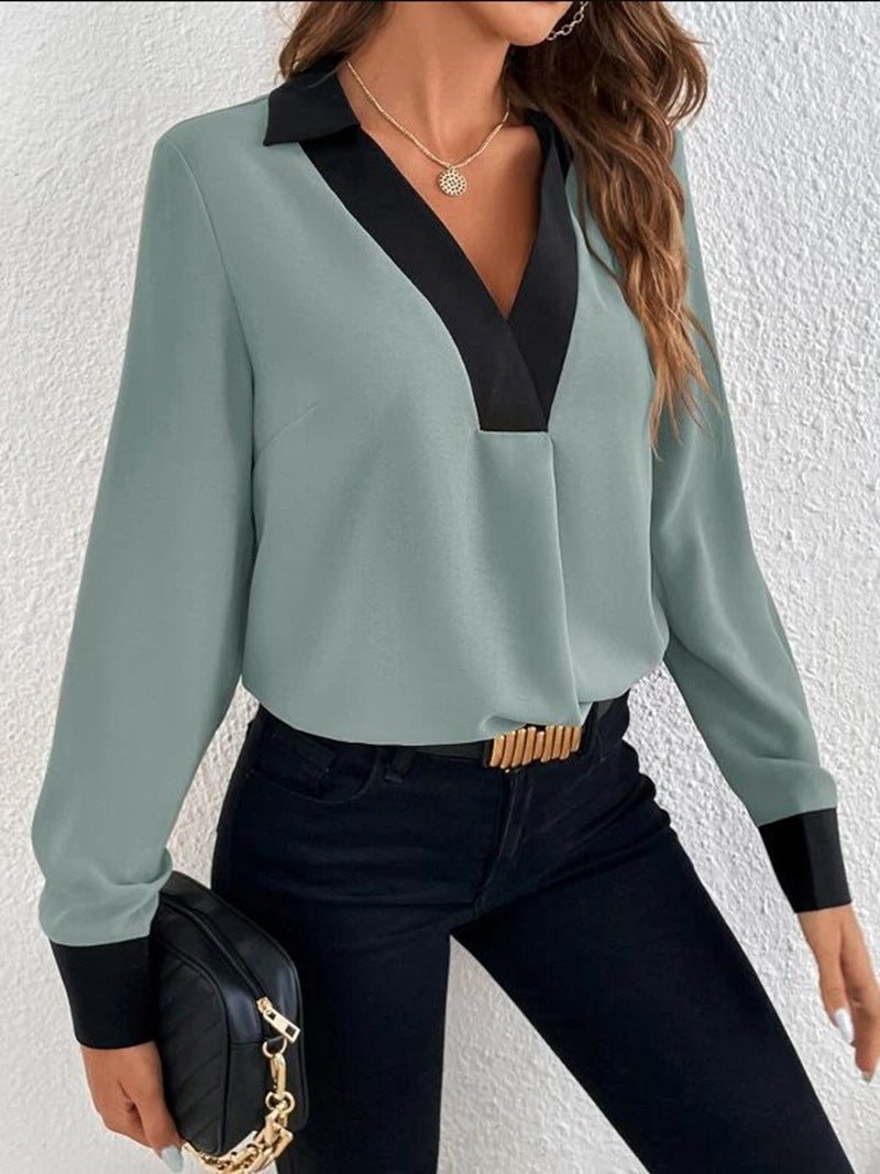 Damesblouse – V-hals met contrastbies – Relaxte pasvorm – Lange mouw – Ademend materiaal