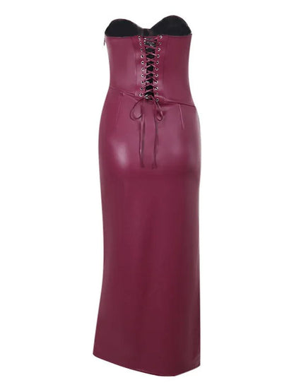 ELISA | LEREN BORDEAUX STRAPLESS JURK