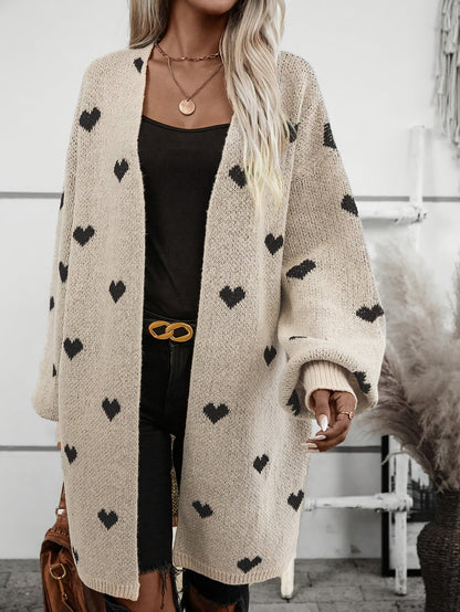 Dames Cardigan – Oversized Pasvorm – Wol Gebreid – Lange Mouwen – Open Voorzijde – Hartjespatroon