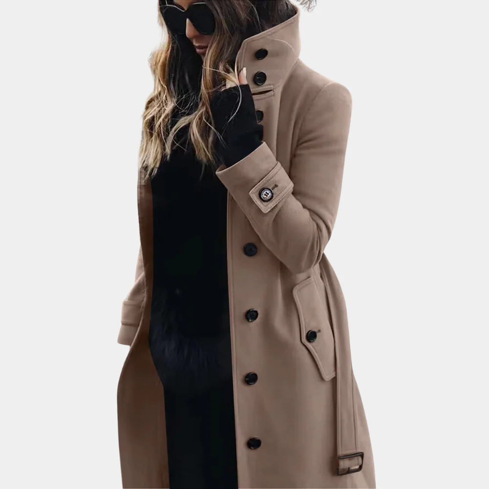 Dames trenchcoat – Tailored fit – Wolgevoel – Volledige lengte – Ceintuur – Knopenrij