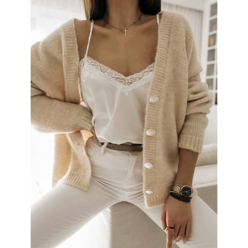 Dames Vestjas – Oversized Pasvorm – Wolgebreid – V-hals met Knopen – Casual Laagjesstijl