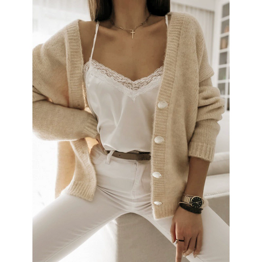 Dames Vestjas – Oversized Pasvorm – Wolgebreid – V-hals met Knopen – Casual Laagjesstijl